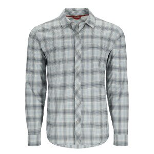 Simms Bugstopper Long Sleeve Shirt Men's in Steel Blue and Storm Ombre Classic Plaid